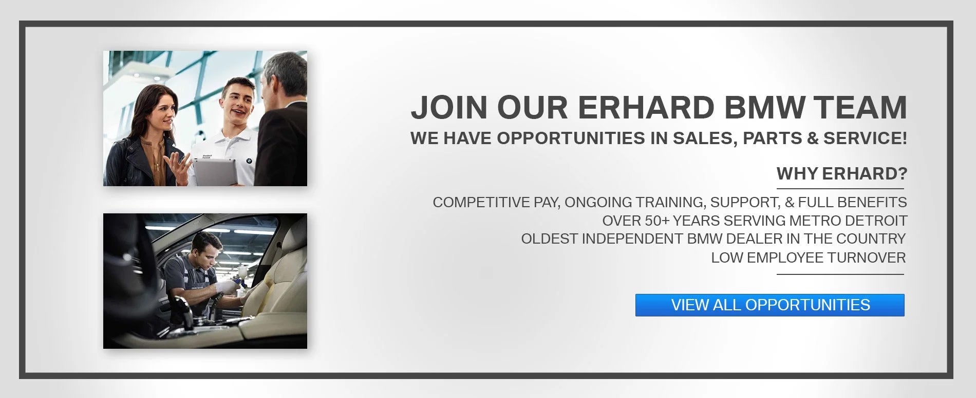 Join Our Erhard BMW Team. BMW dealership and service image.